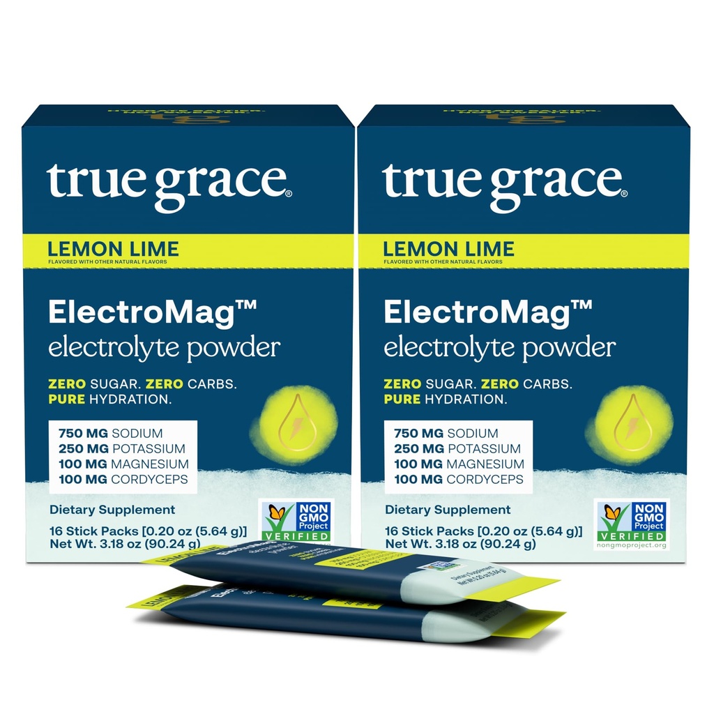 True Grace ElectroMag - 16 Stick Packs (Pack of 2) - Λεμόνι Lime - Ηλεκτρολύτης σε σκόνη για ταχεία ενυδάτωση - Νάτριο, Κάλιο, Μαγνήσιο & Κορδυσσούς - Zero Sugar & Carbs - Μη ΓΤΟ - 32 Σύνολο Σερβιρίσματος