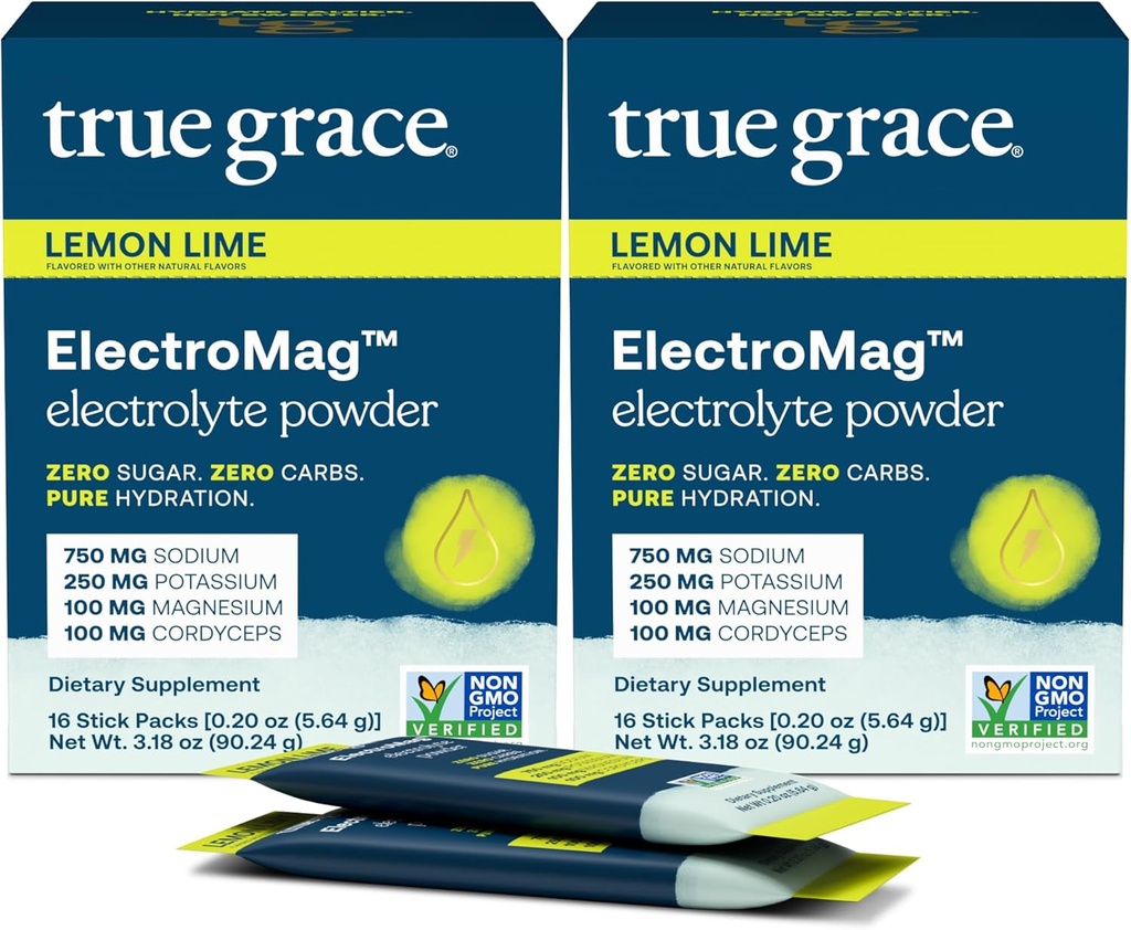 True Grace ElectroMag - 16 Stick Packs (Pack of 2) - Λεμόνι Lime - Ηλεκτρολύτης σε σκόνη για ταχεία ενυδάτωση - Νάτριο, Κάλιο, Μαγνήσιο & Κορδυσσούς - Zero Sugar & Carbs - Μη ΓΤΟ - 32 Σύνολο Σερβιρίσματος