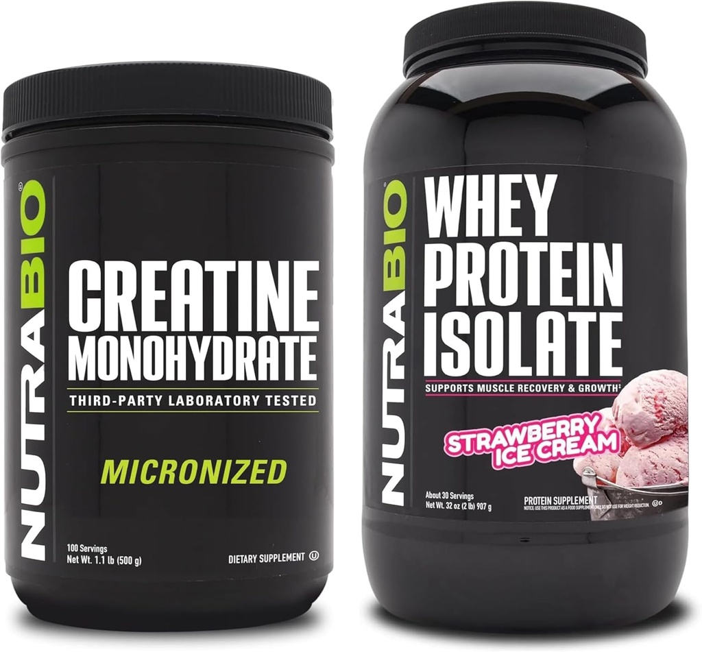 NutraBio Creatine Monohydrate, Unflavored, 500g και πρωτεΐνη Whey Isolate, παγωτό φράουλα, συμπλήρωμα Bundle - μυϊκή ενέργεια, Lean μυϊκή ανάπτυξη, ανάκτηση, και δύναμη