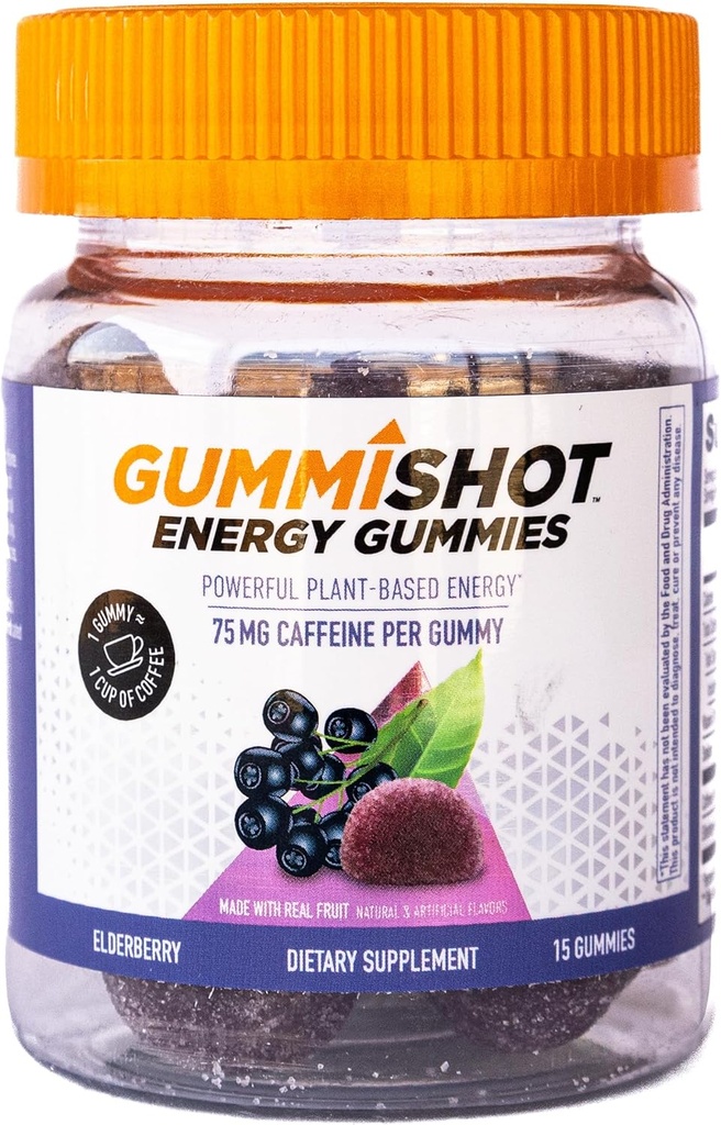 GummiShot Energy Gummies, 1125 mg με βάση το φυτό Caffeine Chews ανά φιάλη, Long Lasting Energy Boosters, Elderberry (15ct)