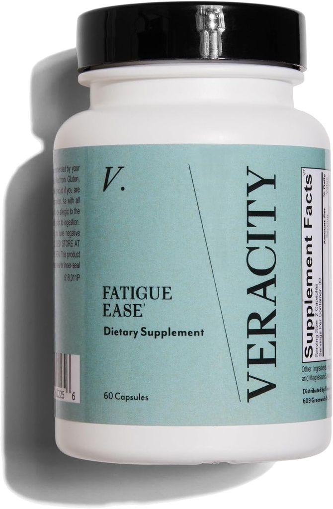 Veracity Fatigue Ease Συμπληρώματα υποστήριξης Adrenal για την αντοχή στο στρες, την υγιεινή κορτιζόλη και την ενέργεια - Προσαρμοστική ανάμειξη Ashwagandha, Schisandra Berry, Licorice & Rhodiola – 100% Φυσικό - 60 κάψουλες