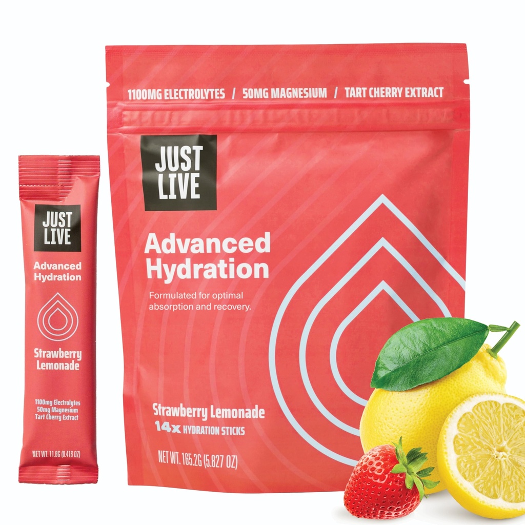 Just Live Advanced Hydration - Λεμονάδα φράουλα, Ηλεκτρολυτικό Μείγμα Ποτού, Εκχύλισμα Ταρτ Cherry, Υποστηρίζει την ανάκτηση & απορρόφηση, χαμηλή ζάχαρη, 14 Πακέτο