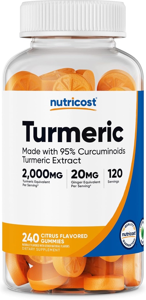 Nutricost Turmeric Gummies (240 Gummies) - Εσπεριδοειδή αρωματισμένα, Φτιαγμένα με 95% κουρκουμινοειδή, 120 σερβιρίσματα, περιλαμβάνει εκχύλισμα τζίντζερ και μαύρο πιπέρι, χορτοφαγικά, μη ΓΤΟ και χωρίς γλουτένη