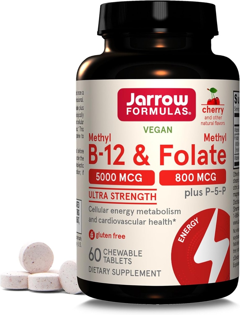 Jarrow Formulas Methyl B-12 & methyl folate - 60 Μασώμενα δισκία, κεράσι - Βιοενεργή βιταμίνη B12 & B9 - Υποστηρίζει την παραγωγή ενέργειας, λειτουργία του εγκεφάλου και του μεταβολισμού - Χωρίς γλουτένη - 60 Σερβιέτες