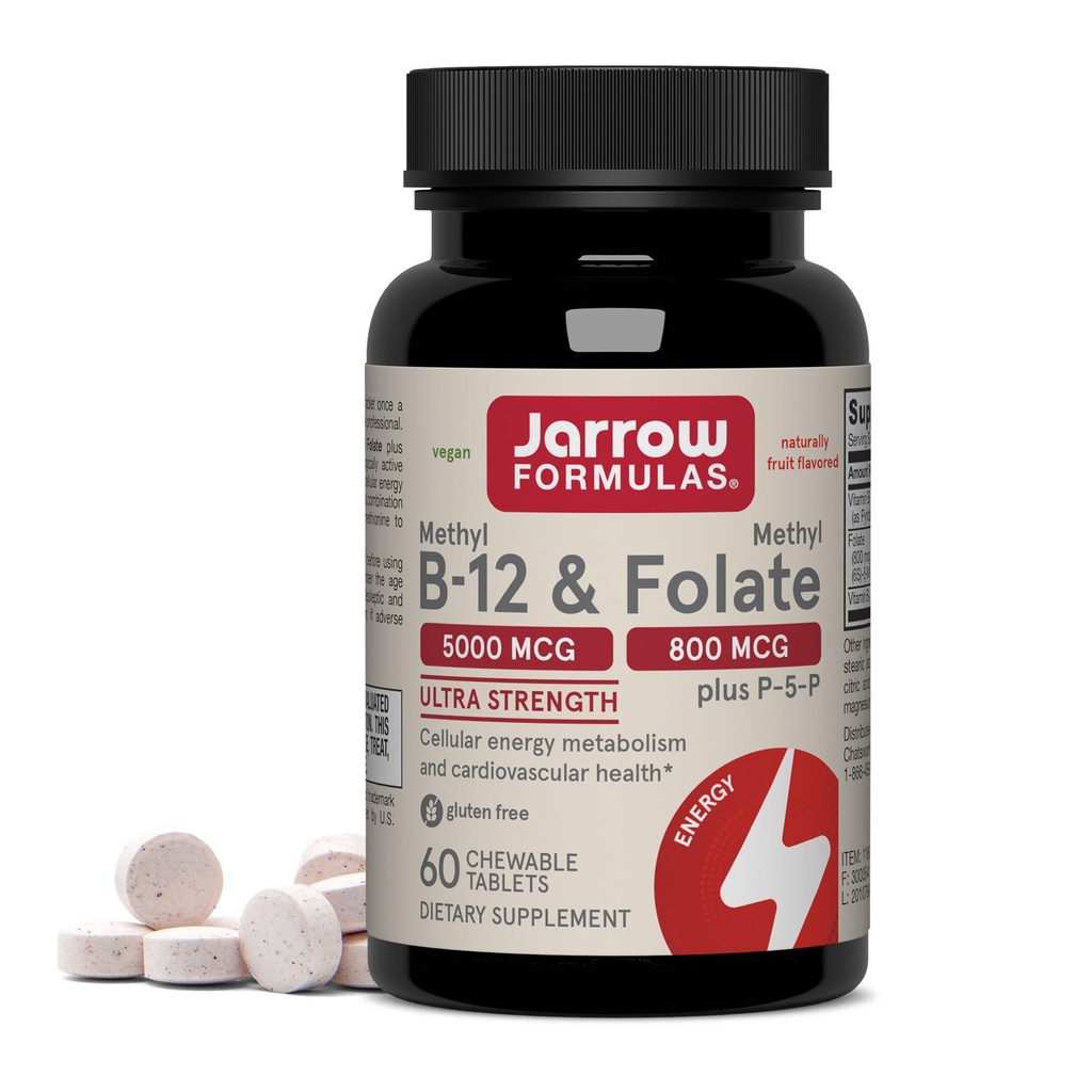 Jarrow Formulas Methyl B-12 & methyl folate - 60 Μασώμενα δισκία, κεράσι - Βιοενεργή βιταμίνη B12 & B9 - Υποστηρίζει την παραγωγή ενέργειας, λειτουργία του εγκεφάλου και του μεταβολισμού - Χωρίς γλουτένη - 60 Σερβιέτες