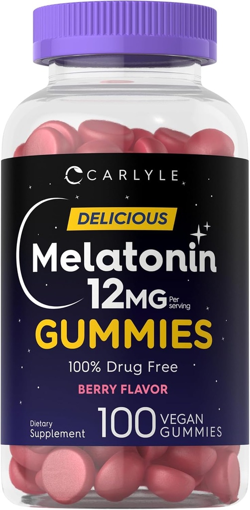 Carlyle Melatonin Gummies 12mg | 100 Count | Berry Flavor | Vegan Supplement | Non-GMO, Gluten Free
