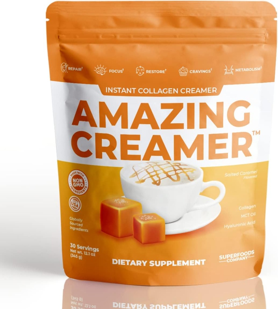 Superfoods Company Amazing Creamer με κολλαγόνο - Keto Creamer-Hyaluronic Acid & MCT Oil - Brain Boost & Curbs Cravings - Υποστηρίζει υγιή δέρμα & μαλλιά - Διατροφή-Φιλικά [30 Σερβιέτες] [Salted Caramel]