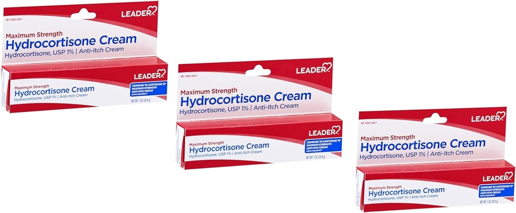 Leader Hydrocortisone Cream, Anti-Itch Lotion for Psoriasis, Maximum Strength, Instant Itch Relief Cream for Mosquito Bites, Eczema, Δερματίτιδα, Δερματικές Λοιμώξεις & Αιμορραγίες, 1 oz (3)