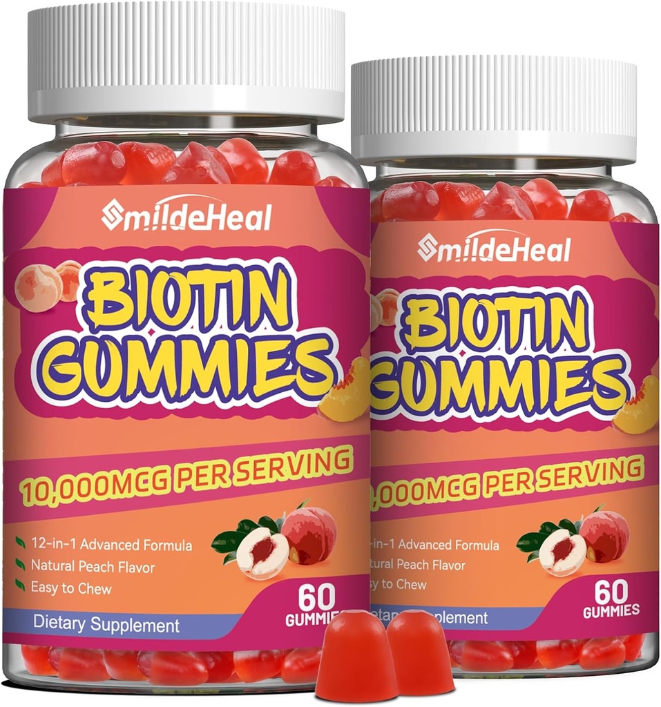 2 Συσκευασία Biotin Gummies για την ανάπτυξη των μαλλιών 10000 mcg, δέρμα μαλλιών και νύχια Gummy με φολικό οξύ, βιταμίνες Α, Β, C, E & D, Vegan βιοτίνη Βιταμίνες για γυναίκες & άνδρες, 120 Gummies