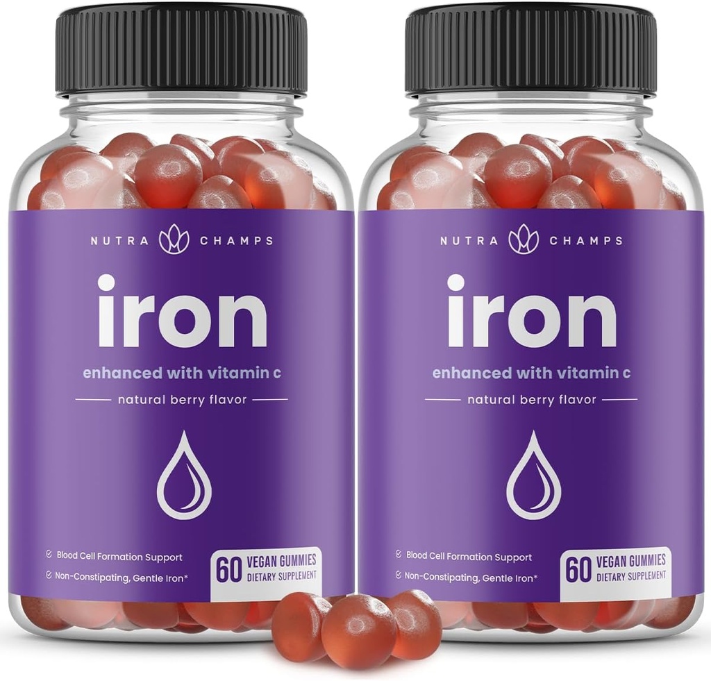 NutraChamps Iron Gummies with Vitamin C, 20mg Iron Blood Cell Formation Support, 120 Gummies for Iron Deciency & Anemia, Energy, Focus, Immune Boost Pack of 2