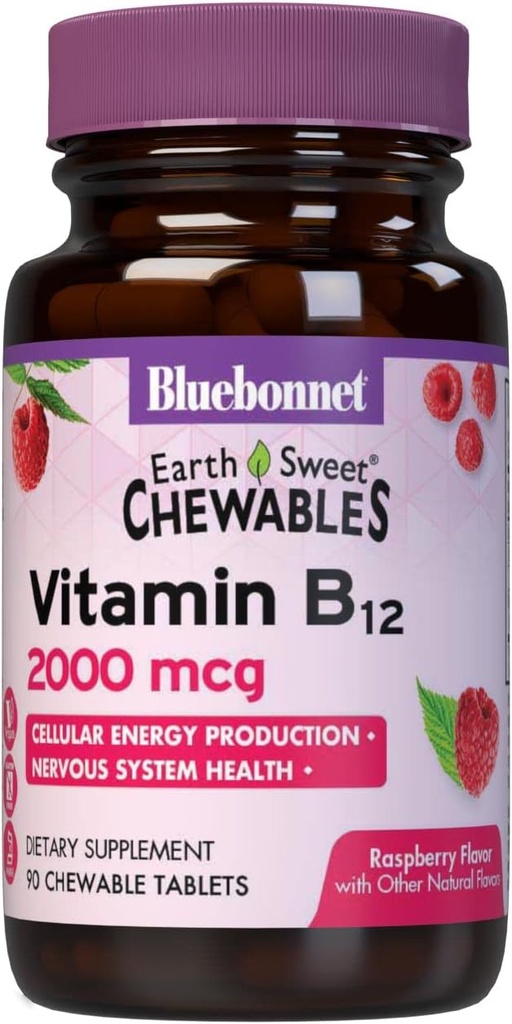 BlueBonnet Nutrition Earth Sweet Vitamin B12 2000 mcg Chewable Tablets, Χωρίς σόγια, Χωρίς γλουτένη, Kosher Certified, Dairy-Free, Vegan, Raspberry Flavored, 90 Chewable Tablets, 90 Servings