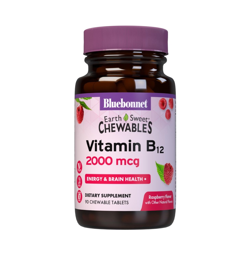 BlueBonnet Nutrition Earth Sweet Vitamin B12 2000 mcg Chewable Tablets, Χωρίς σόγια, Χωρίς γλουτένη, Kosher Certified, Dairy-Free, Vegan, Raspberry Flavored, 90 Chewable Tablets, 90 Servings