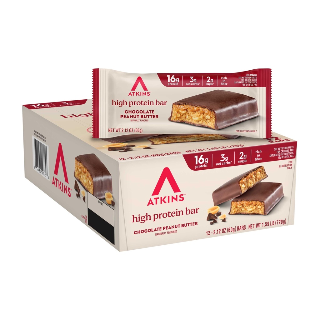 Atkins Chocolate Peanut Butter Protein Meal Bar, High Fiber, 16g Protein, Low Sugar, 3g Net Carb, Low Carb, Keto Friendly, 12 Count
