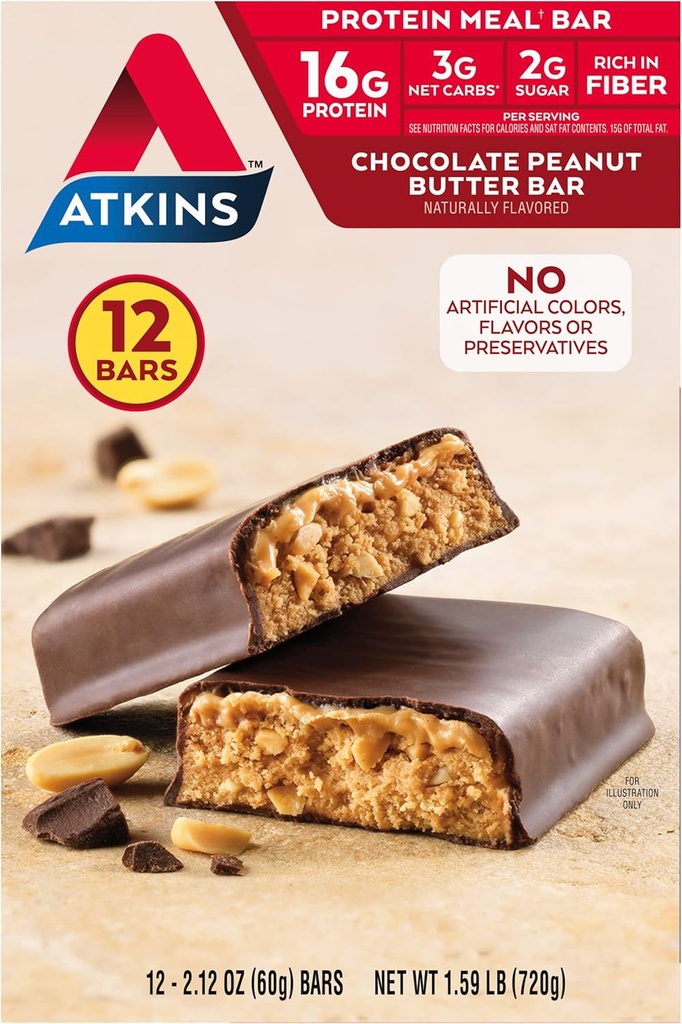 Atkins Chocolate Peanut Butter Protein Meal Bar, High Fiber, 16g Protein, Low Sugar, 3g Net Carb, Low Carb, Keto Friendly, 12 Count