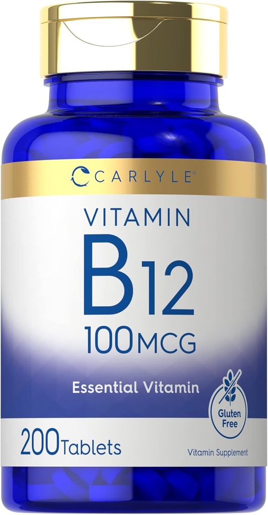 Carlyle Vitamin B12 100mcg | 200 Tablets | Essential Vitamin Supplement | Vegan, Non-GMO, and Gluten Free Formula