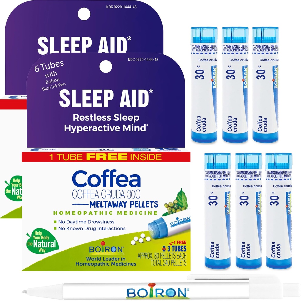 Boiron Coffea Cruda 30C - 6 Total Blue Tubes - Ομοιοπαθητική Βοήθεια Ύπνου για Ανήσυχο Ύπνο, Ψυχική Υπερκινητικότητα, Αγωνιστικές Σκέψεις και Δυσκολία στον Ύπνο με Μπλε Μελάνι