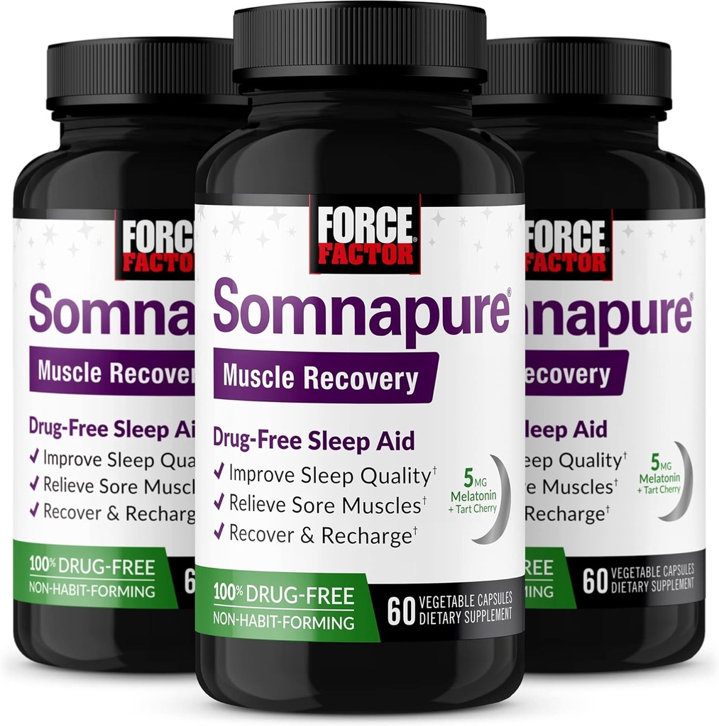 FORCE FACTOR Somnapure Muscle Recovery Sleep Aid for Adults with Melatonin 5mg, Holy Basil, and L-Theanine, Supplement for Sleep Support, Muscle Soreness Relief, & Muscle Recovery, 180 Caps, 3-Pack