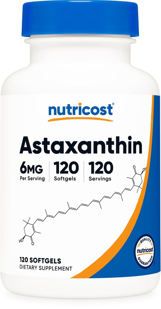 Nutricost Ασταξανθίνη 6mg, Μη ΓΤΟ και Χωρίς Γλουτένη, 120 Softgels (4 Μήνας Προμήθεια)