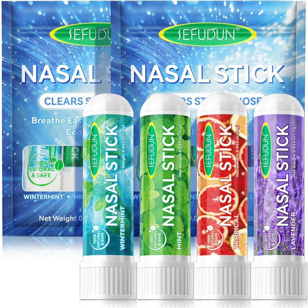8PCS Ρινική Stick, Nasal Inhaler Stick, Εισπνοή Ρινική Stick για Sinus Relief & Vertigo Relief, Εισπνοή Αρωματοθεραπείας Κατασκευάζεται με αιθέρια έλαια + Μέντχολ (Mint,Wintermint,Tropical,Lavender)