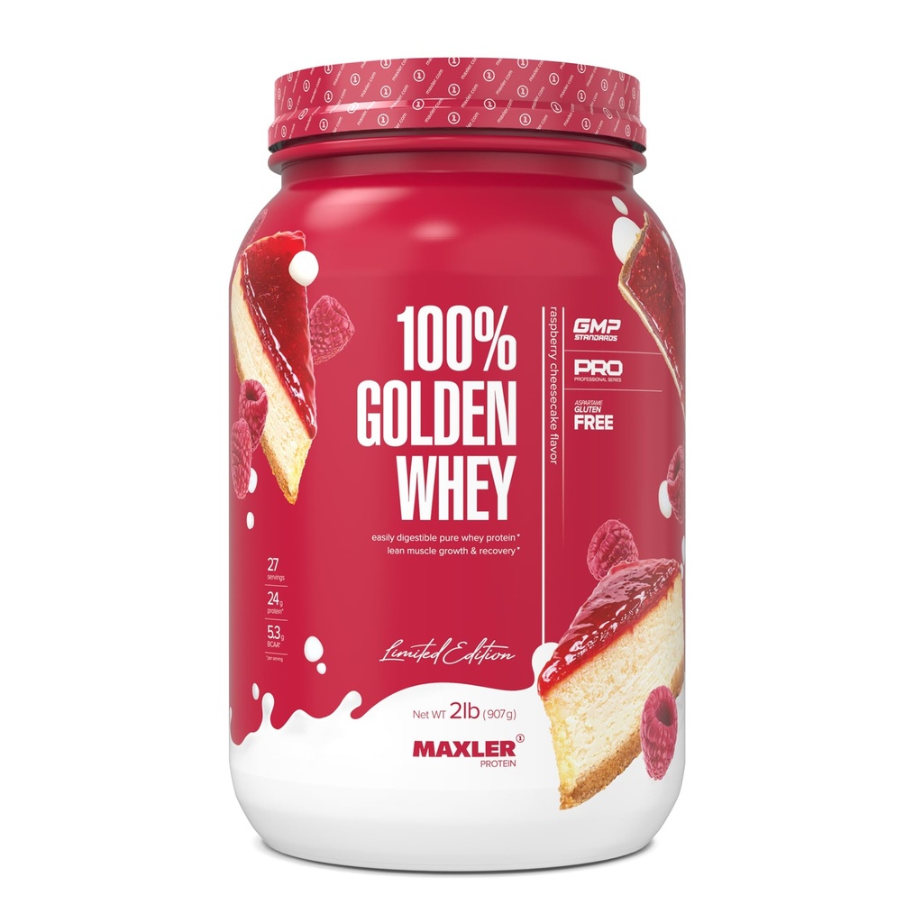 Maxler 100% Χρυσή πρωτεΐνη ορού γάλακτος - 24g πρωτεΐνης ανά σερβίρισμα - Premium σκόνη πρωτεΐνης ορού γάλακτος για πριν από την προπόνηση - Fast-Absorbing συμπύκνωμα ορού γάλακτος Isolate Hydrolysate Blend - Raspberry Cheesecake 2 lb