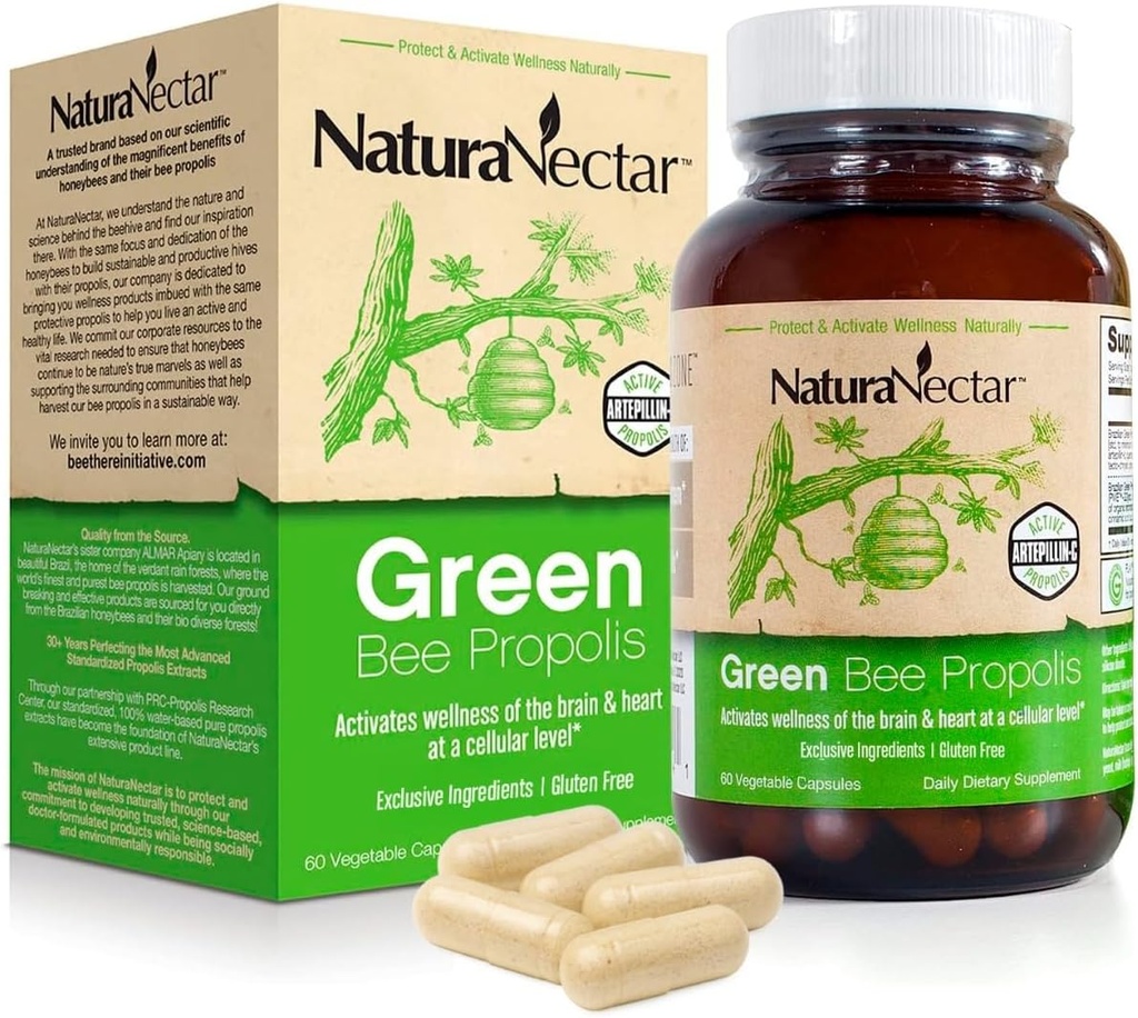NaturaNectar - Πράσινη Μέλισσα Κάψουλες Πρόπολης - NSF Contents Certified Brazilian Green Propolis - Συμπληρώματα Πρόπολης Χωρίς Γλουτένη με Φλαβονοειδή - Φυσικά Προέρχονται Μέσω Ηθικής Μελισσοκομίας (60pcs.)