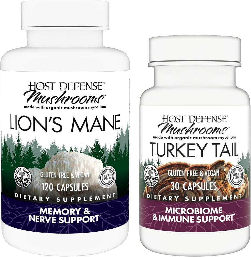 Host Defense Bundle with Lion's Mane Capses, 120 Count & Turkey Κάψουλες ουράς, 30 Count - Υποστήριξη Εγκεφαλική Υγεία, Μνήμη & Εστίαση - Υποστήριξη Digestive & Immune Health*