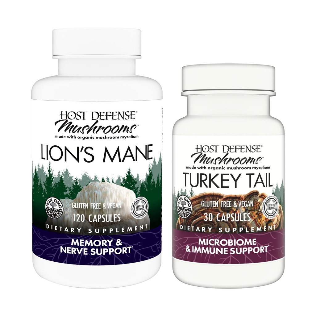 Host Defense Bundle with Lion's Mane Capses, 120 Count & Turkey Κάψουλες ουράς, 30 Count - Υποστήριξη Εγκεφαλική Υγεία, Μνήμη & Εστίαση - Υποστήριξη Digestive & Immune Health*