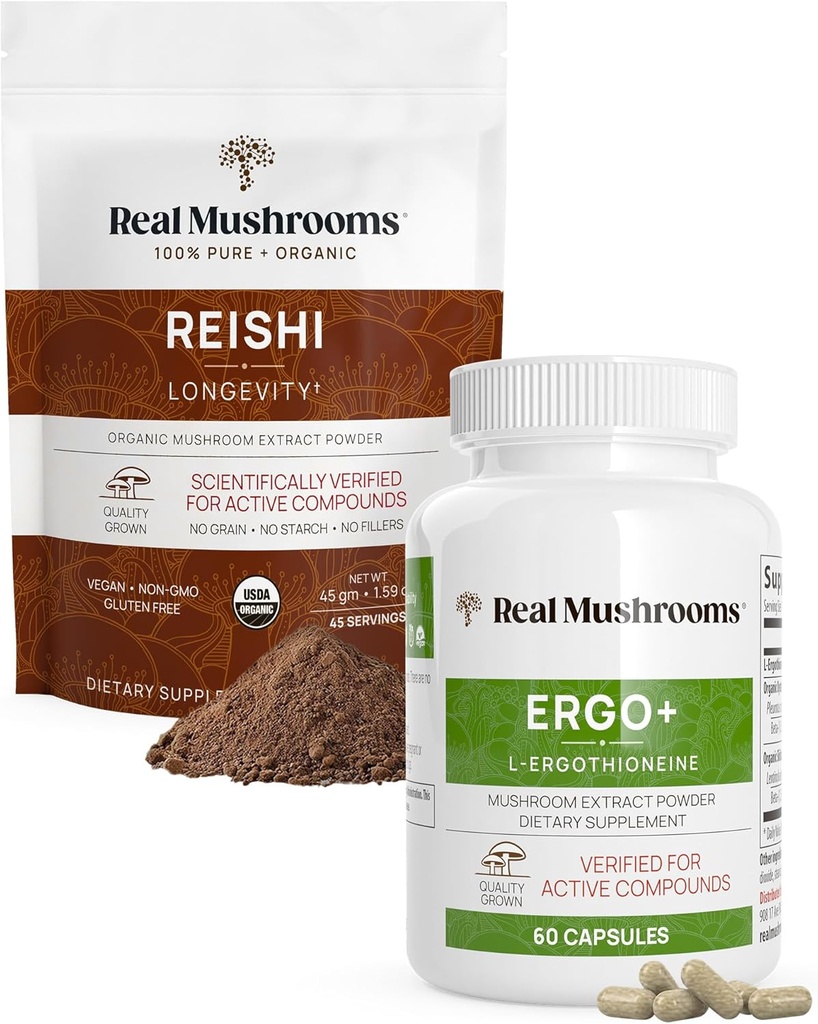 Real Mushrooms Ergothioneine (60ct) and Reishi Organic Powder (45 Servings) Bundle with Shiitake and Oyster Mushroom Extracts - Longevity and Relaxation - Βέγκαν, Χωρίς γλουτένη, Μη ΓΤΟ