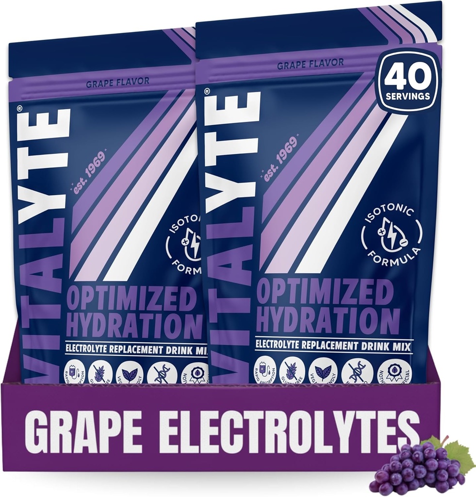 Vitalyte Ηλεκτρολυτικό Ποτό σε σκόνη Μίγμα, Ισοτονικό Ηλεκτρολυτικό Μείγμα Ενυδάτωσης, Χωρίς Γλουτένη Μετα Εκγύμναση Σκόνης, Συσκευασία των 2, 35 oz. Καθένα, άρωμα σταφυλιού