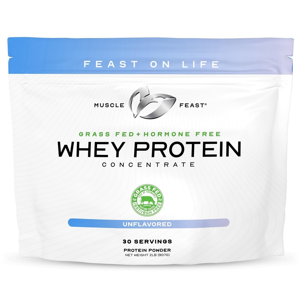 Μύες Feast Grass-Fed Whey Πρωτεΐνη συμπυκνωμένο σκόνη, όλα τα φυσικά, χωρίς ορμονική πάστα Αυξημένη πρωτεΐνη Whey Σκόνη για γυναίκες & άνδρες, καθαρό, μη-GMO & χωρίς γλουτένη συμπυκνωμένο Whey - Χωρίς γεύση, 2lb