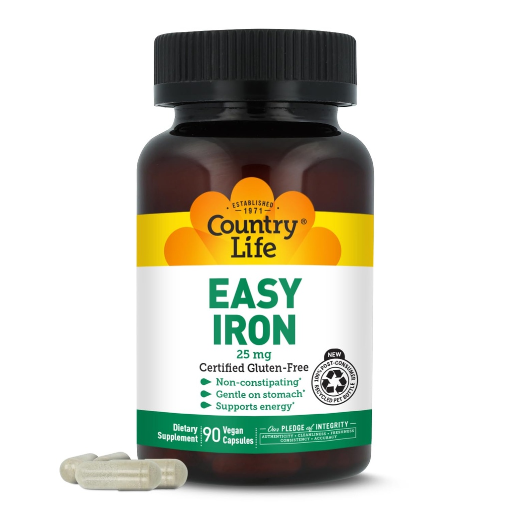 Country Life Easy Iron 25mg Κάψουλες - Απαλό Ferrochel - Vegan συμπλήρωμα βιταμίνης για γυναίκες και άνδρες - Υποστηρίζει την ενέργεια του σώματος
