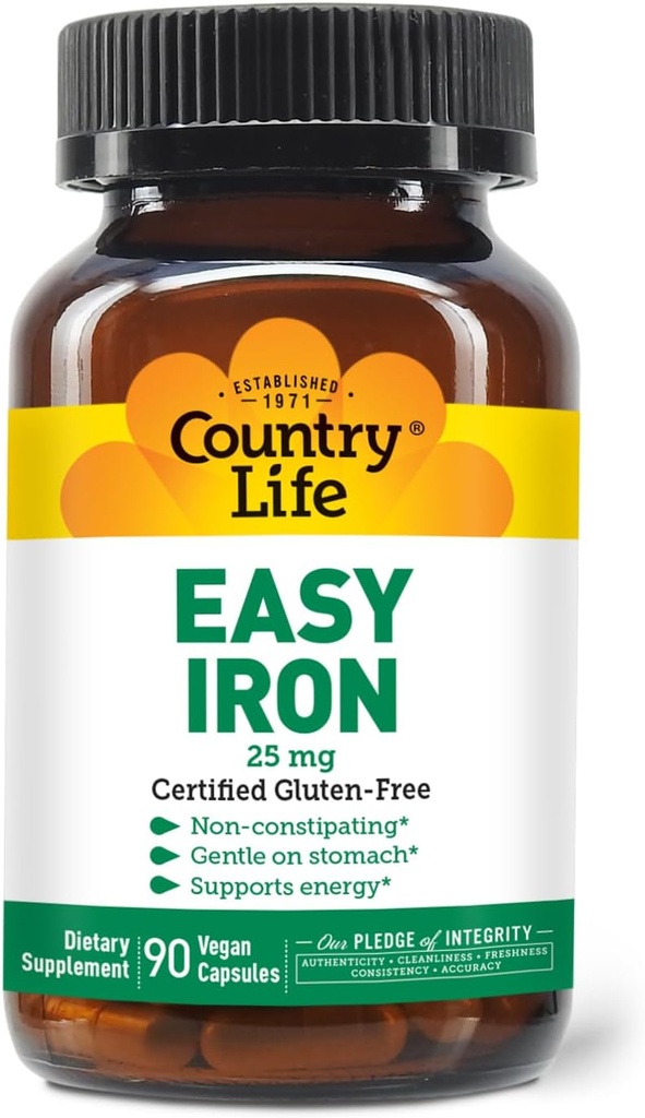 Country Life Easy Iron 25mg Κάψουλες - Απαλό Ferrochel - Vegan συμπλήρωμα βιταμίνης για γυναίκες και άνδρες - Υποστηρίζει την ενέργεια του σώματος