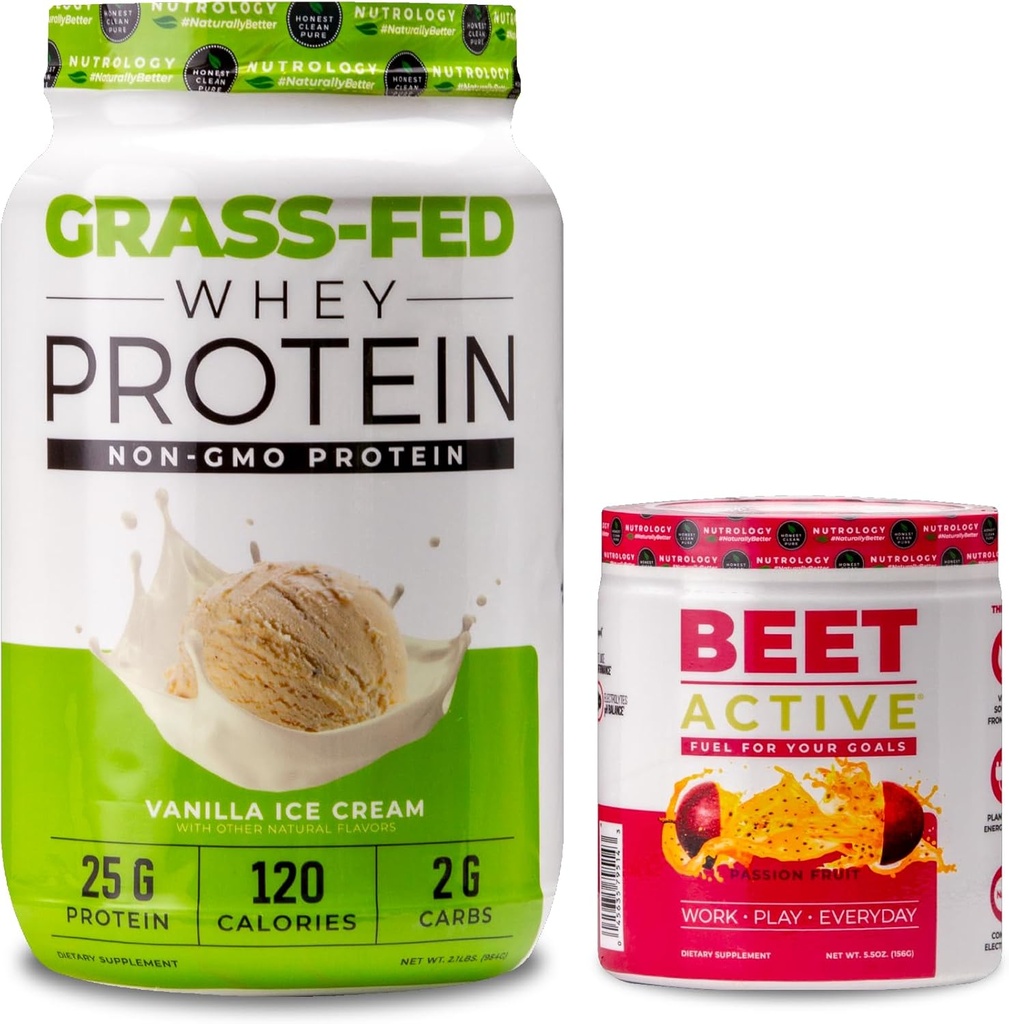Nutrology Grass Fed Whey Protein Powder, Supports Lean Muscle Recovery & Performance, Vanilla Ice Cream Flavor (28 Servings) Beet Active, Natural Pre-Workout Powder, Passion Fruit Flavor (