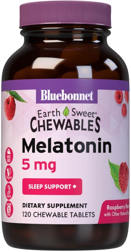 Bluebonnet Nutrition EarthSweet Melatonin 5 mg Γρήγορη Διαλύοντας τη Νύχτα Χαλάρωση & Ξεκούραστη Υποστήριξη Ύπνου - Βοήθεια ύπνου - Χωρίς γλουτένη, Vegan - Βατόμουρο Γεύση - 120 Μασώμενα Δισκία