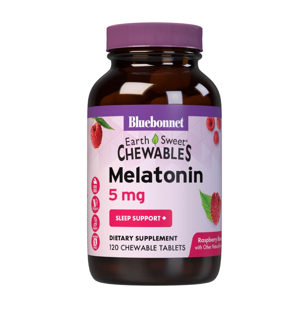 Bluebonnet Nutrition EarthSweet Melatonin 5 mg Γρήγορη Διαλύοντας τη Νύχτα Χαλάρωση & Ξεκούραστη Υποστήριξη Ύπνου - Βοήθεια ύπνου - Χωρίς γλουτένη, Vegan - Βατόμουρο Γεύση - 120 Μασώμενα Δισκία