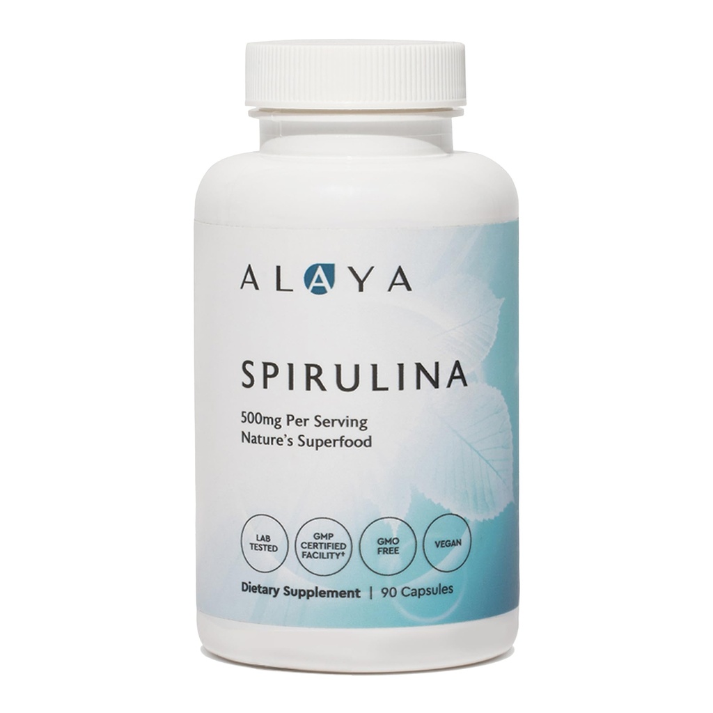 Alaya Naturals - Καθαρές κάψουλες Spirulina - Κατασκευασμένες με Earthrise Spirulina, Blue Green Algae Superfood - Μη ΓΤΟ & Vegan - 500 mg, 90 κάψουλες