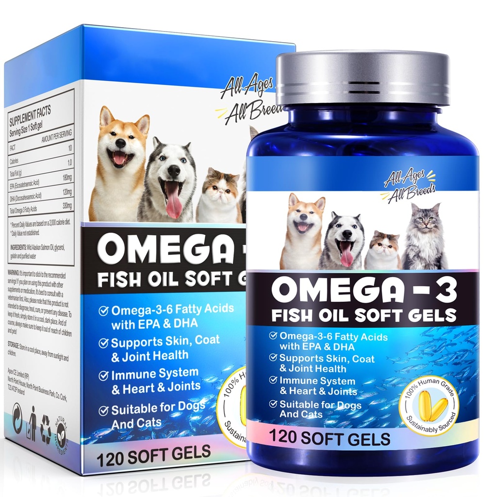 Ωμέγα-3 Fish Oil για σκύλους, Ωμέγα 3 Fish Oil με EPA & DHA υποστηρίζει σκυλιά εποχιακές αλλεργίες ανακούφιση, ενισχύει την ανοσοποίηση λειτουργία, Itch Skin Relief & Προώθηση Coat Υγεία, συμπληρώματα κατοικίδιων ζώων - 120 μαλακά γέλη