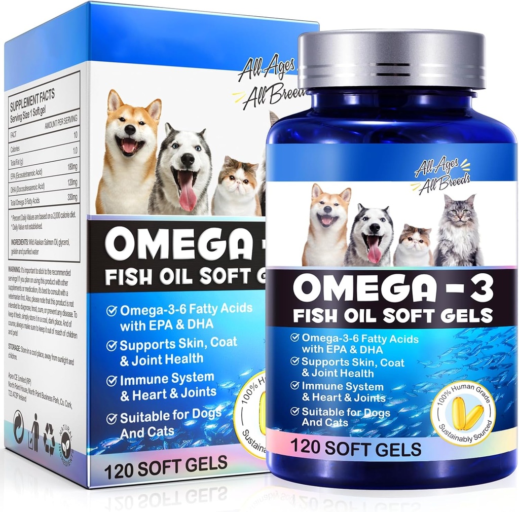 Ωμέγα-3 Fish Oil για σκύλους, Ωμέγα 3 Fish Oil με EPA & DHA υποστηρίζει σκυλιά εποχιακές αλλεργίες ανακούφιση, ενισχύει την ανοσοποίηση λειτουργία, Itch Skin Relief & Προώθηση Coat Υγεία, συμπληρώματα κατοικίδιων ζώων - 120 μαλακά γέλη