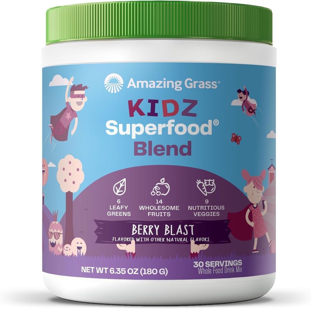 Amazing Grass Kids Superfood: Βιολογικά Πράσινα, Φρούτα, Veggies, Σκόνη ρίζας τεύτλων & Προβιοτικά για υγιή παιδιά, Berry Blast, 30 εξυπηρετούν