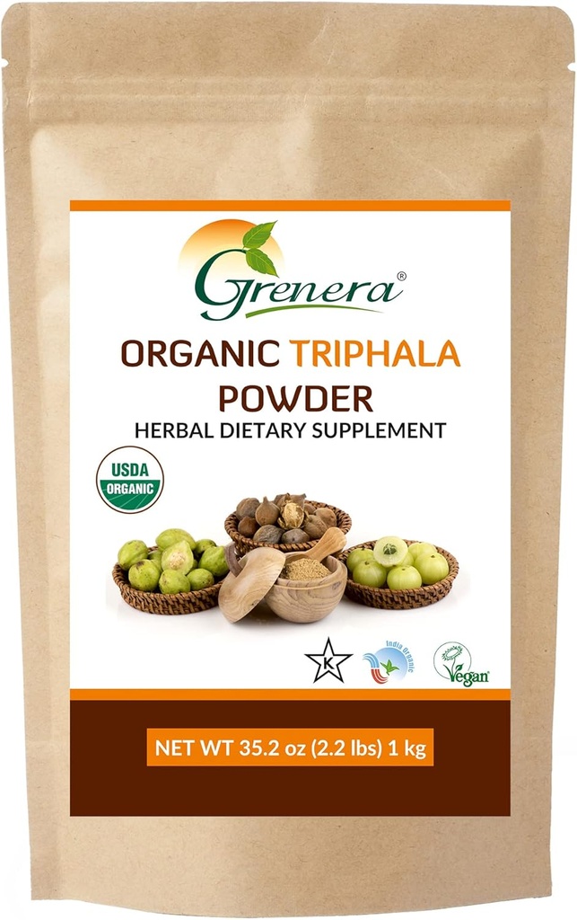 Grenera Organic Triphala Powder 2.2 lb (35,2 ουγγιά) - Κατασκευασμένο με οργανικό Αμαλάκι, Βιολογικό Bibhitaki, Βιολογικό Φρούτο Χαριτάκι - USDA Organic, Vegan, Kosher Certified