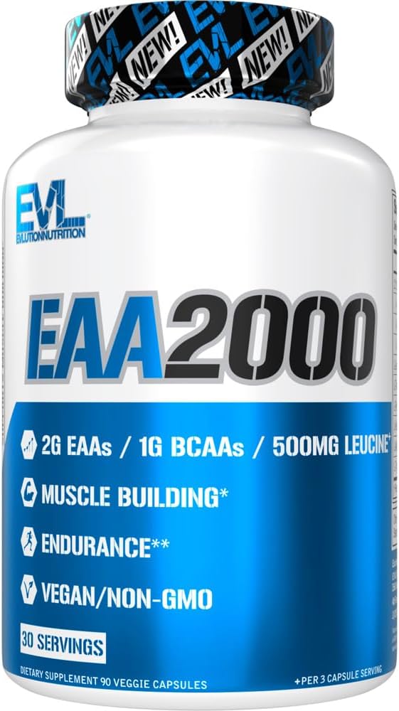 Evlution Nutrition EAA2000 - Pre & Post Κάψουλες προπόνησης - Μυϊκό Κτίριο + Συμπλήρωμα αποκατάστασης - 2g Essential Amino Acids + 1g BCAAs - Αντοχή + Ενεργειακή Υποστήριξη - 30 Υπηρεσίες