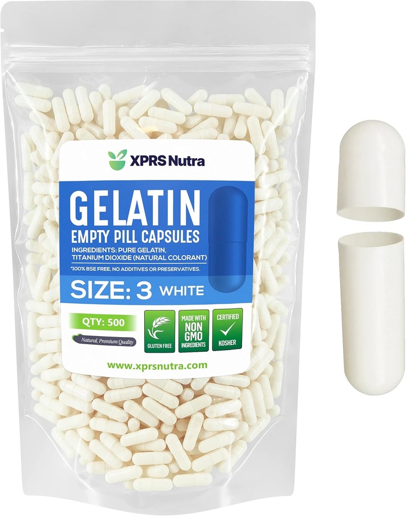XPRS Nutra Size 3 Empty Capsules - 500 Empty Gelatin Capsules - Pills DIY Capsule Filling - Pure Bovine Pill Gel Caps Fillable Do-It-Yourself Vitamins and Supplements (White)