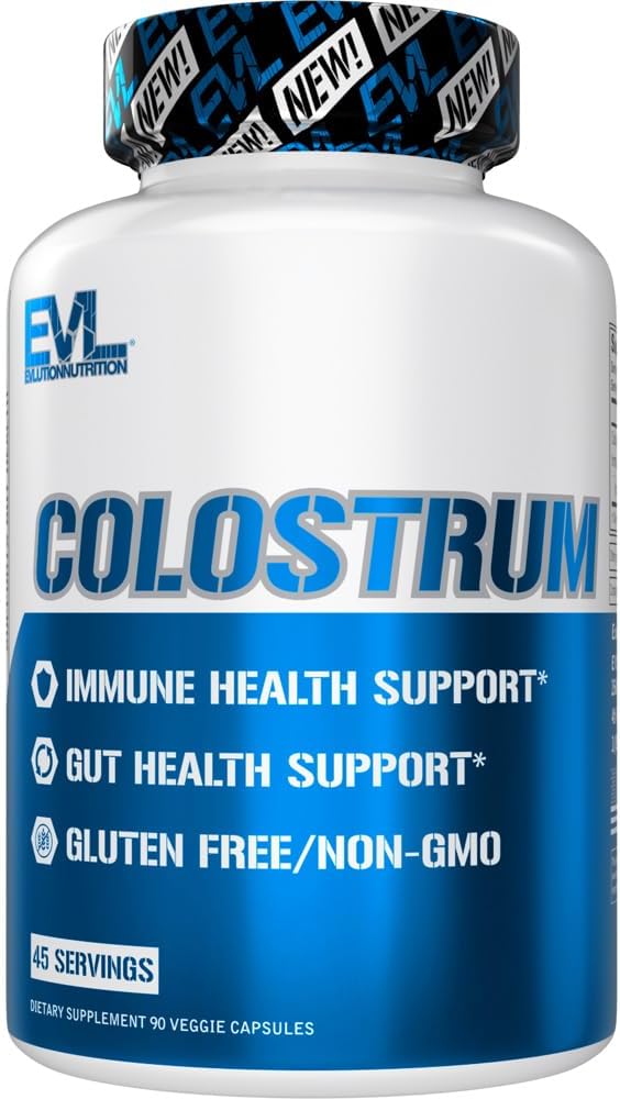 Evlution Nutrition Colostrum - Υποστήριξη για την Ανοσοποιητική Υγεία - Υποστήριξη για την Υγεία των Ούρων - 1000mg Colostrum Per Serving - Χωρίς Γλουτένη & Μη ΓΤΟ - Συμπλήρωμα Διατροφής - 45 Servings - 90 Κάψουλες Veggie