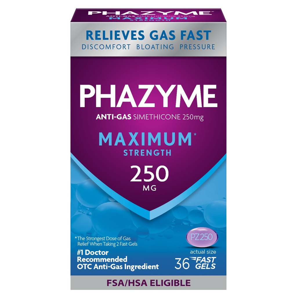 Phaezyme Maximum * Δύναμη Anti-Gas 250 mg Simethicone Αέριο Ανακούφιση για Ενήλικες, Γρήγορες Γέλες Γρήγορα Ease Bloating, Pressure & Discomfort, 36 Count
