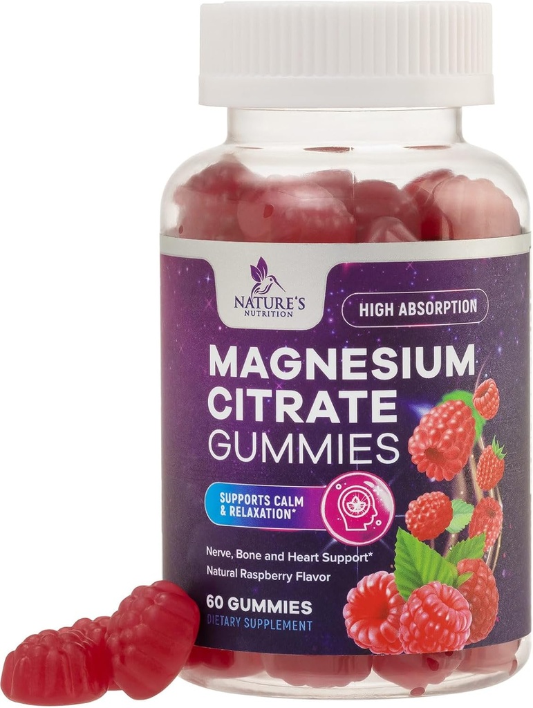 Συμπλήρωμα Gummies μαγνησίου Citrate - Υψηλή απορρόφηση, Vegan Magnesium Gummy συμπλήρωμα για ενήλικες & παιδιά, Magnesio Citrate Gummy συμπληρώματα για τους μυς, τα νεύρα, τα οστά και την καρδιά Υποστήριξη - 60 Gummies