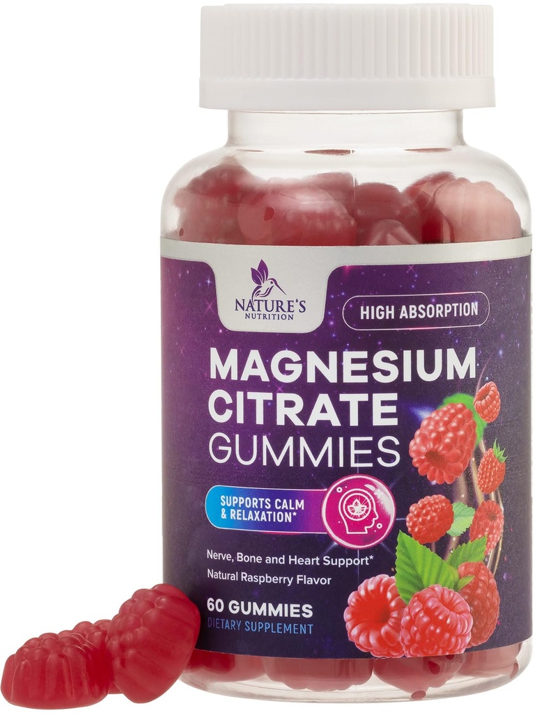 Συμπλήρωμα Gummies μαγνησίου Citrate - Υψηλή απορρόφηση, Vegan Magnesium Gummy συμπλήρωμα για ενήλικες & παιδιά, Magnesio Citrate Gummy συμπληρώματα για τους μυς, τα νεύρα, τα οστά και την καρδιά Υποστήριξη - 60 Gummies