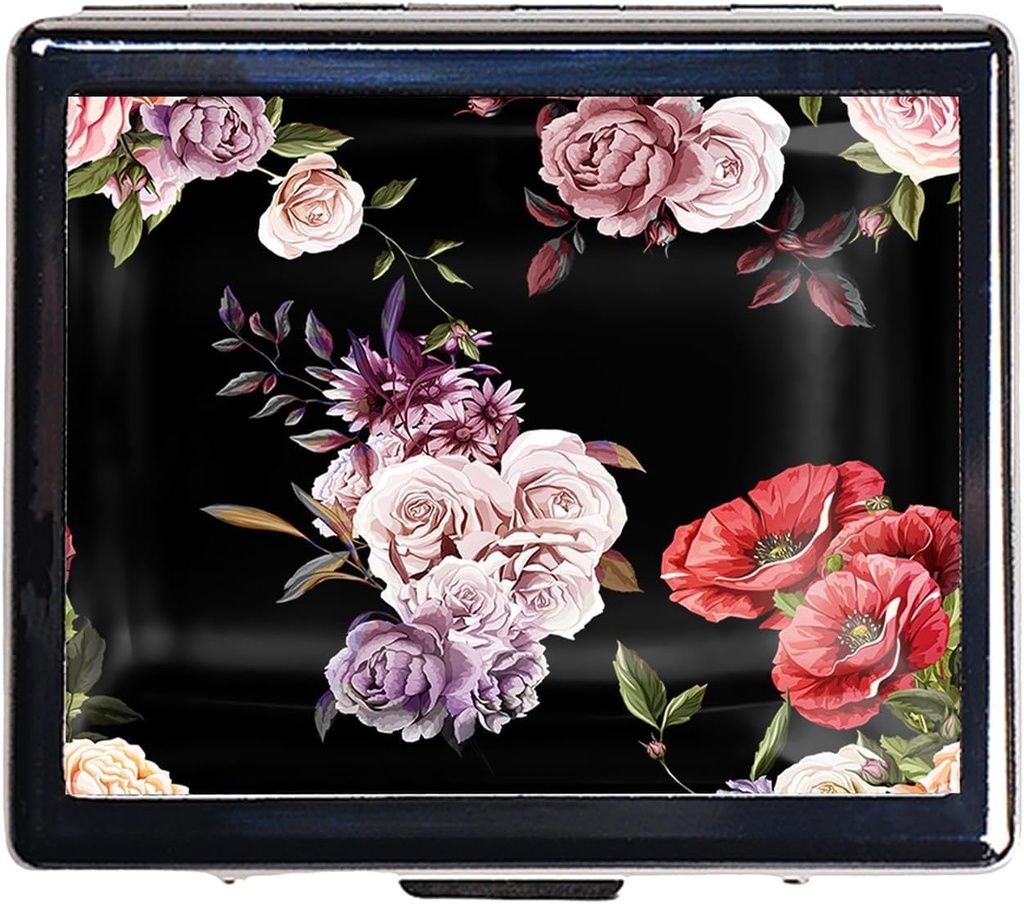 7 Days Chromed Shiny Silver Pill Organizer with Mirror Inside Has 8 Separate Compartments Rectangle 7 Days Pill Box Pill Case (Poppy and Roses)