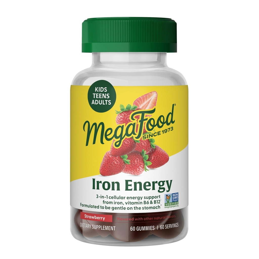 Megafood Iron Energy Gummies, Iron Supplement for Women, Men, Teens & Kids with Vitamin B12 & B6, Vitamins, from The Makers of Builder Supplement, Strawberry Flavor, 60 Count