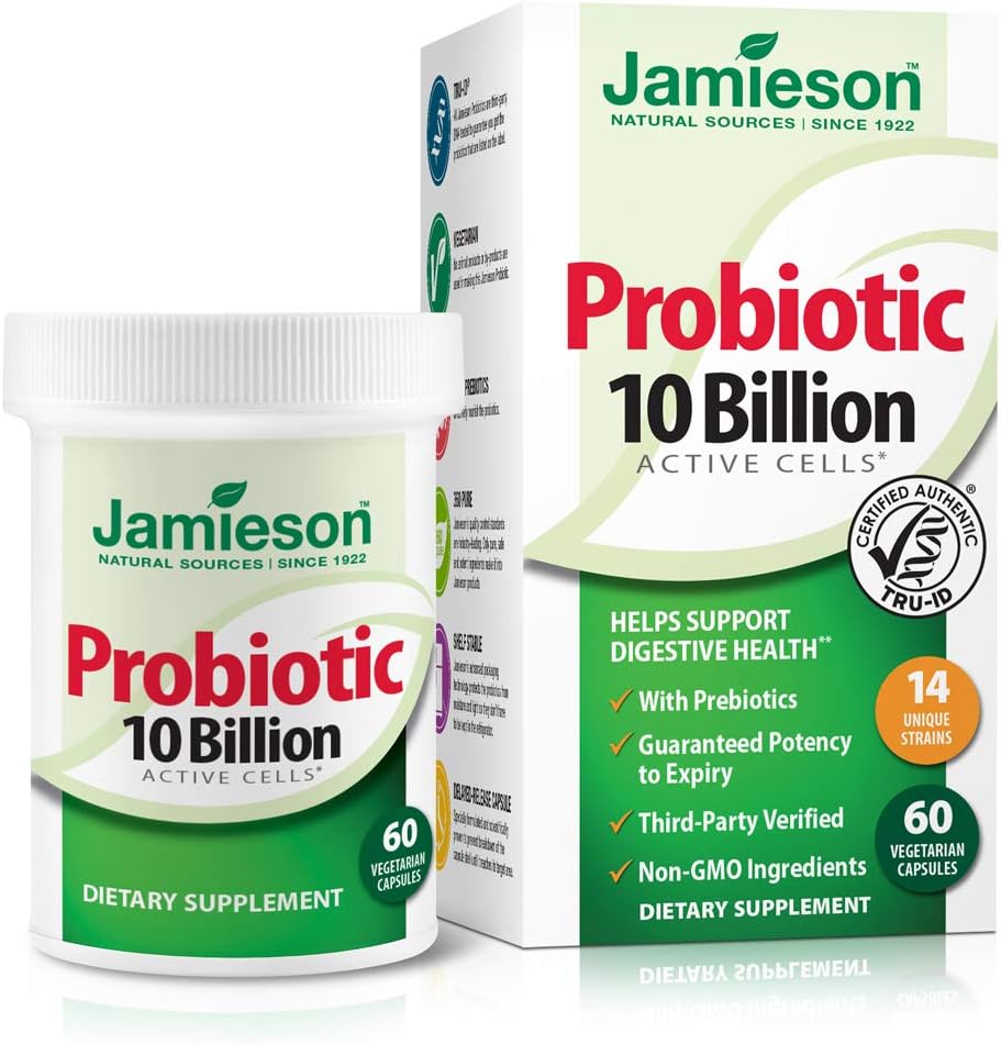 Jamieson Probiotics 10 Δισεκατομμύρια - Καθημερινή Probiotic συμπλήρωμα για Digestion, Restore Gut Health, and Immune System Support - Probiotics for Women and Men (60 Count).