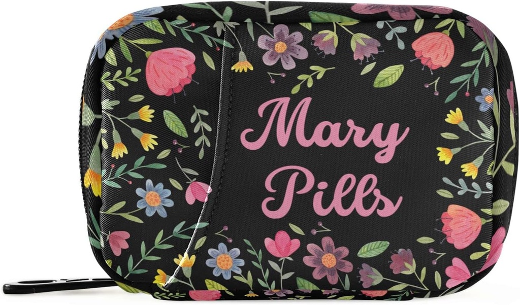 Custom Pill Box 7 Day Pill Case Bag Floral Flowers Personalized Name Travel Pill Organizer Bag with Zipper Portable Weekly Case Compact Size for Vitamin Supplement Holder